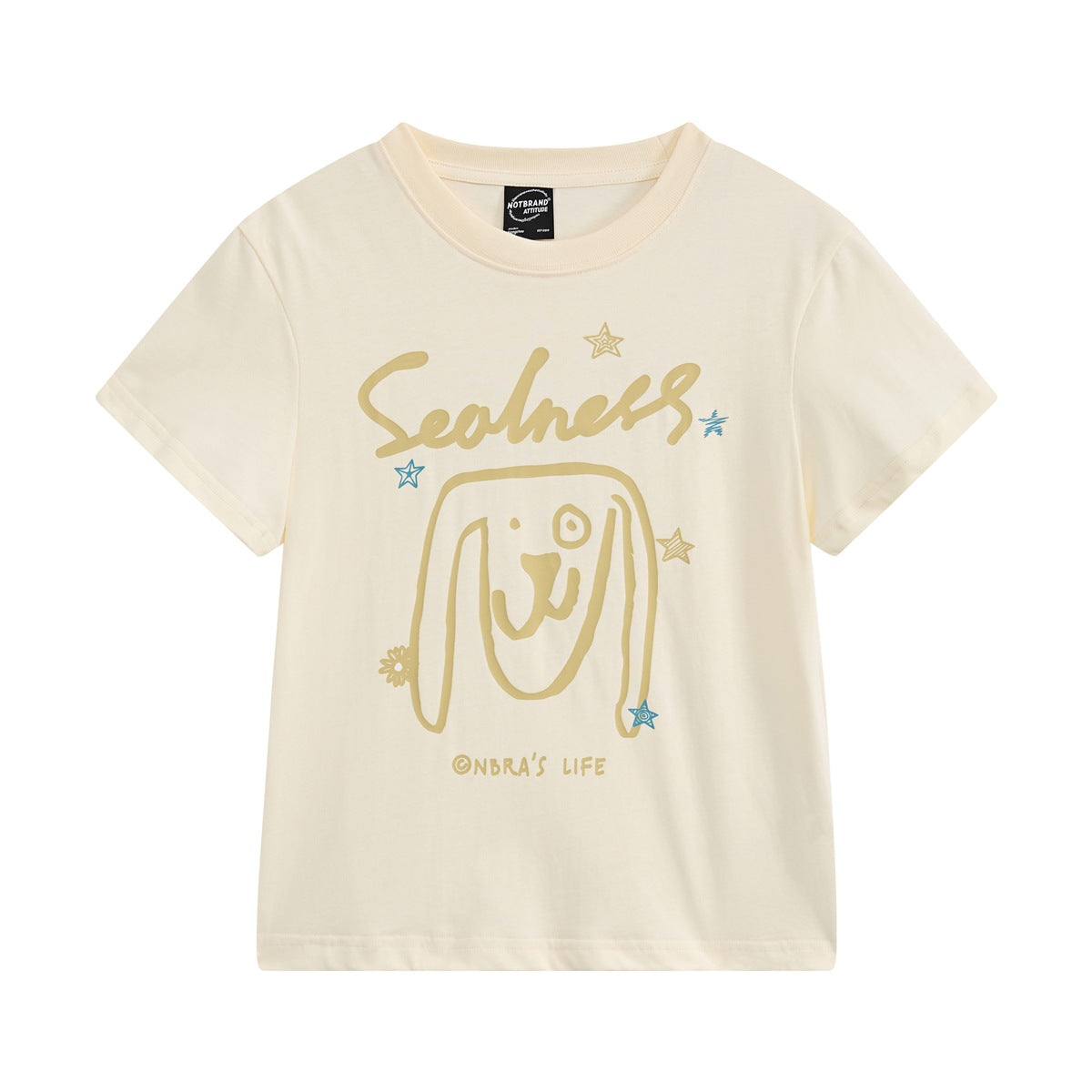 Beige apricot short-sleeve crew-neck T-shirt with tan floppy-eared dog line drawing and Seolness script print