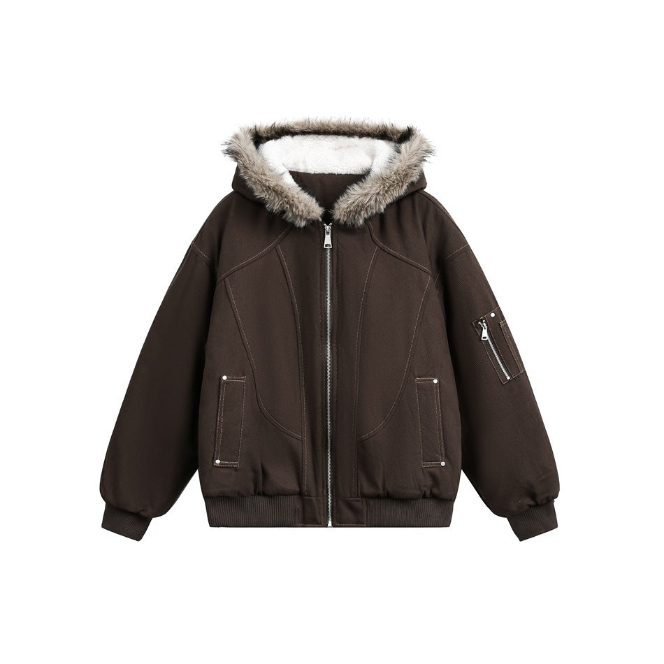 Front view of a dark brown hooded jacket zipped closed, with a fur-trimmed hood, zip sleeve pocket and ribbed hem.