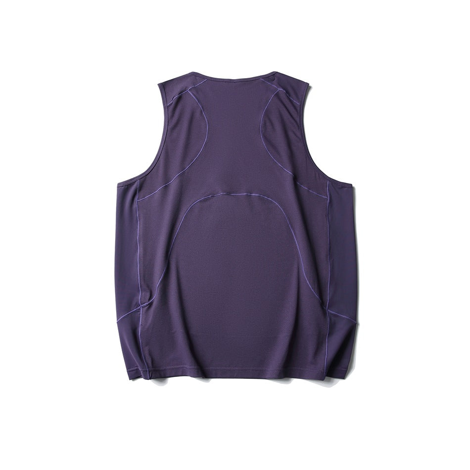 Back view of a deep purple sleeveless tank laid flat, with curved panel seams and tonal stitching.