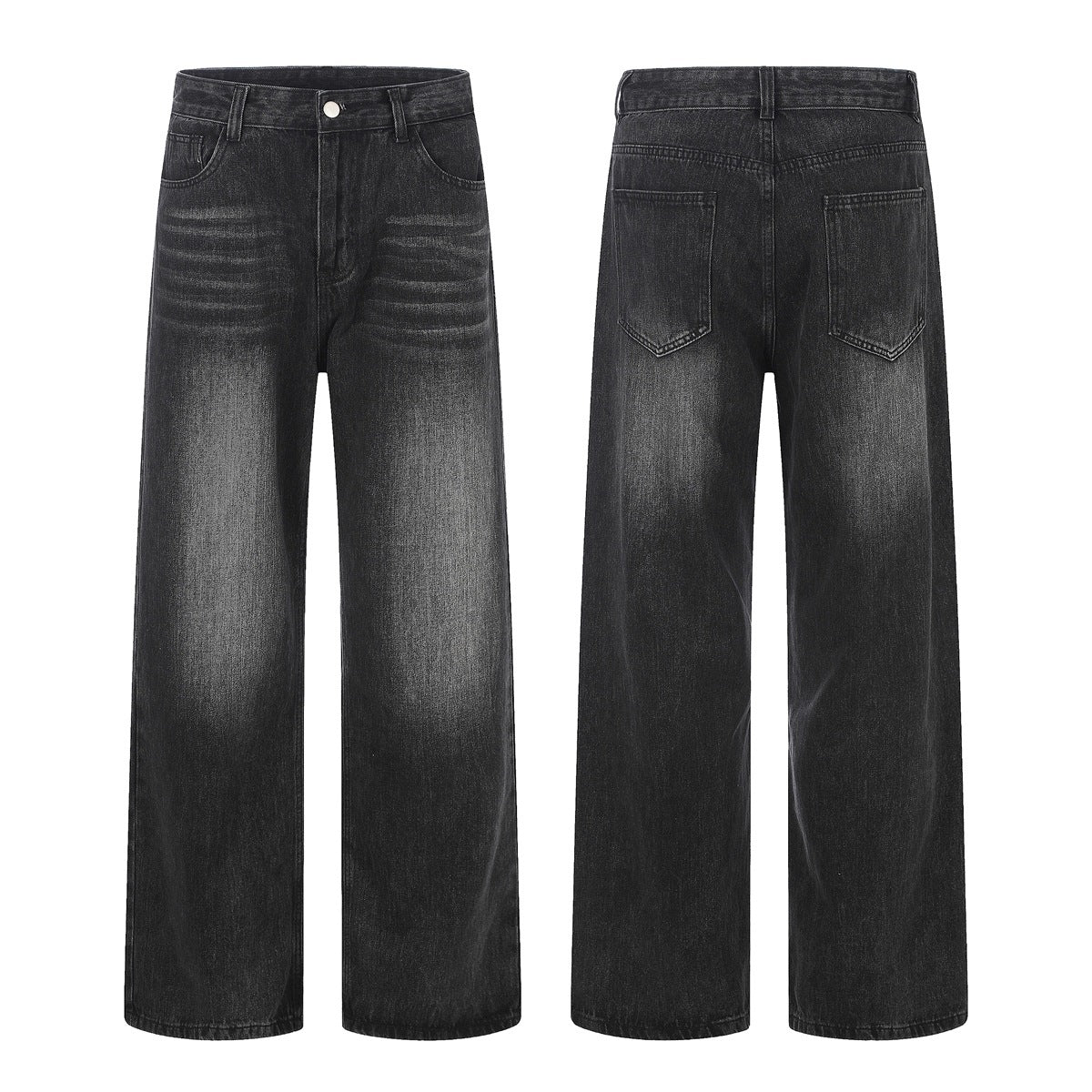Full-length front and back views of charcoal-black wide-leg jeans with faded whiskering and patch pockets.