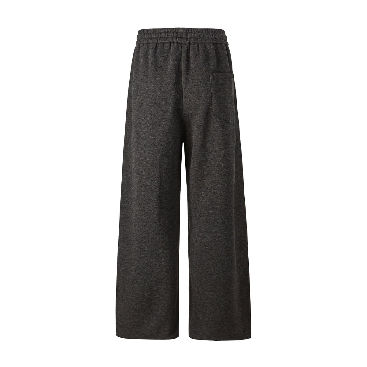 Back view of charcoal wide-leg pants with an elastic waistband and a patch pocket.
