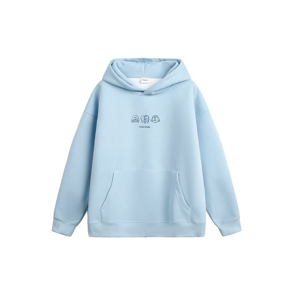 Light blue pullover hoodie flat lay with blue dog line-art print and Cute Dude text, kangaroo pocket, ribbed hem