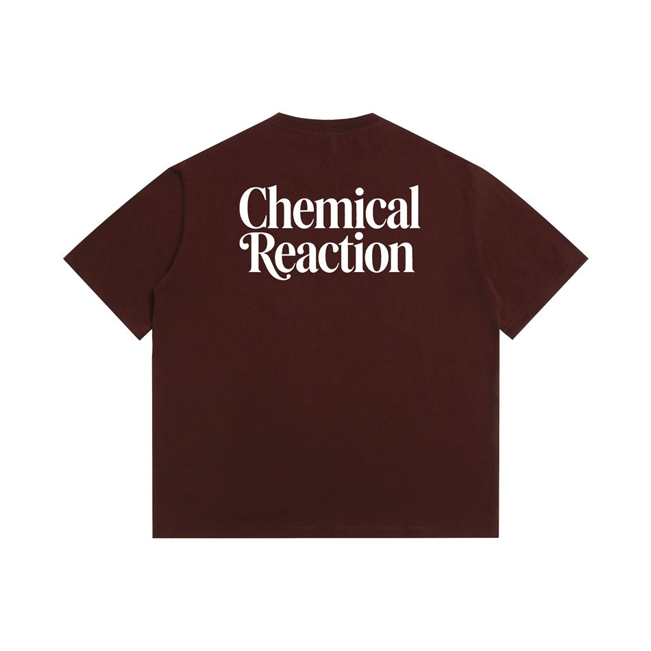 Dark coffee-brown short-sleeve T-shirt back with white 'Chemical Reaction' print