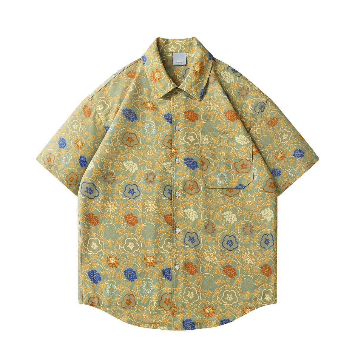 Green short-sleeve button-up shirt with allover gold, orange and blue floral print, chest pocket, flat lay