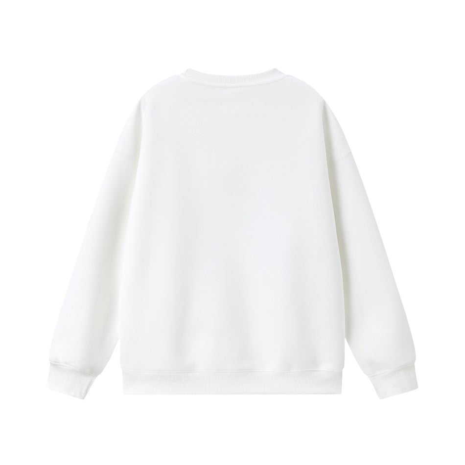 Back view of a plain white crewneck sweatshirt with ribbed collar, cuffs and hem