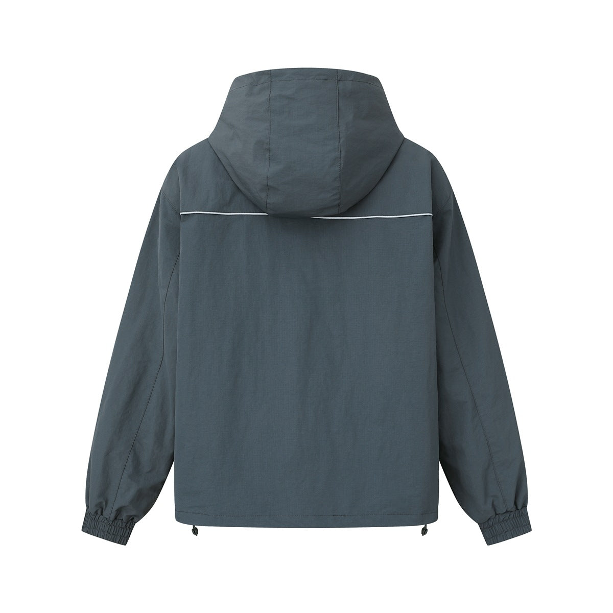 Back view of a dark gray hooded jacket with a thin light stripe across the upper back.
