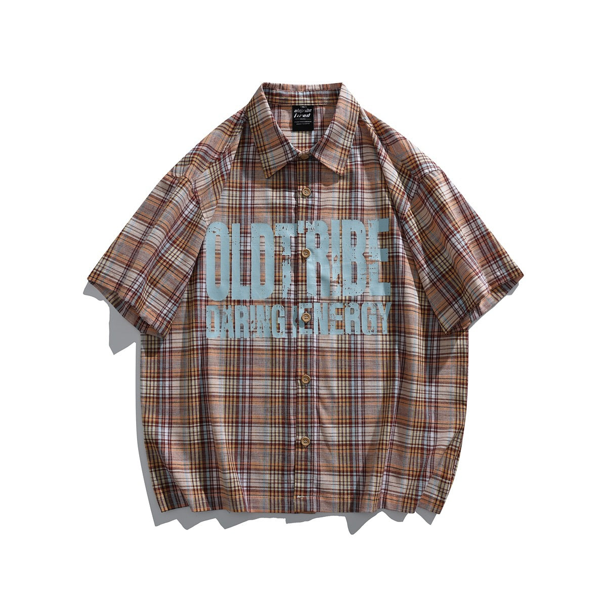 Orange-brown plaid short-sleeve button shirt with a large light blue distressed text print on the chest, flat lay