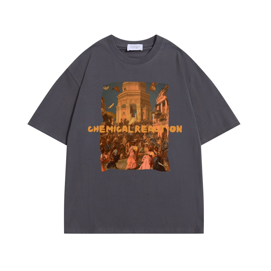Charcoal gray short-sleeve T-shirt with orange CHEMICAL REACTION text over a classical crowd-scene print