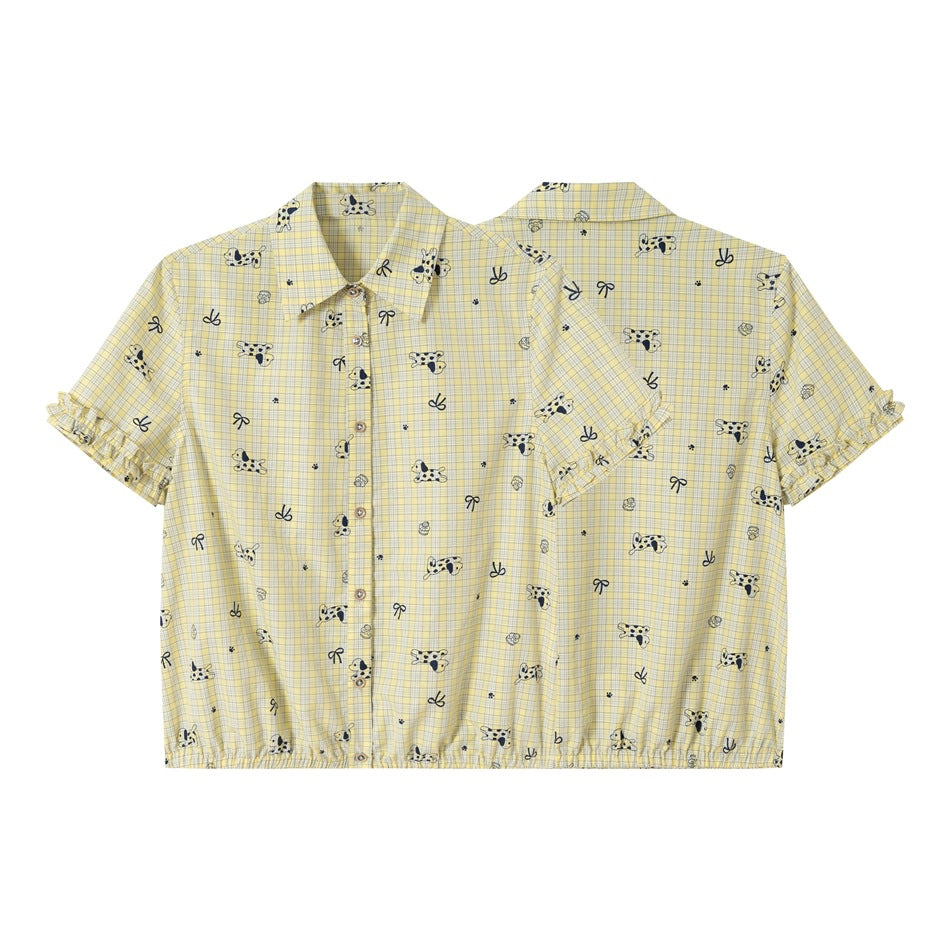Front and back flat views of a yellow plaid button-up shirt with short ruffled sleeves and navy prints.