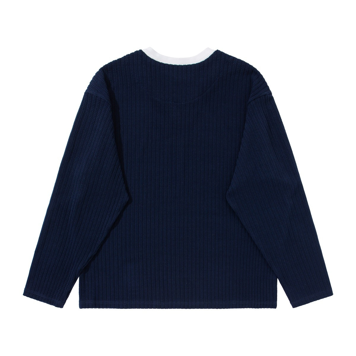 Back view of a navy long-sleeve ribbed top with a white crew-neck trim.