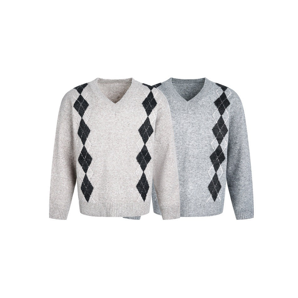 Beige and gray V-neck sweaters with long sleeves and black argyle diamond panels, shown from the front.