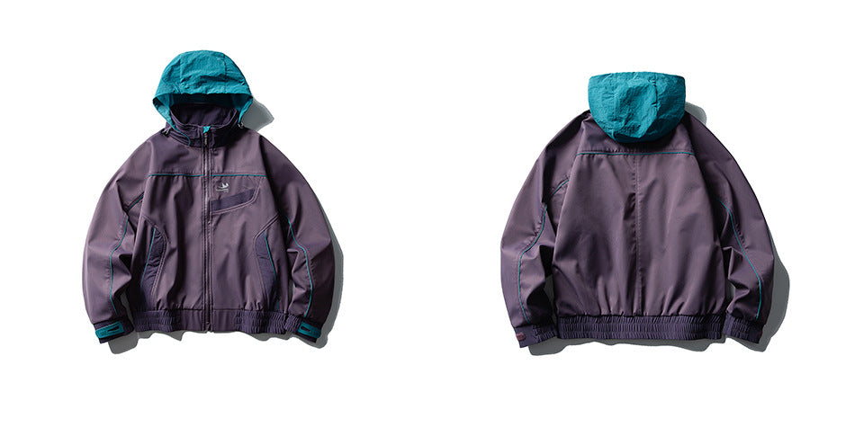 Dark purple hooded jacket shown from front and back, with a teal hood and teal seam accents.