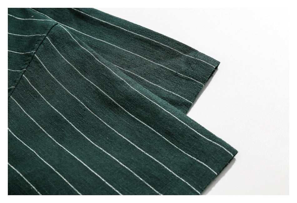 Close-up of the dark green shirt's striped short sleeve and hem.