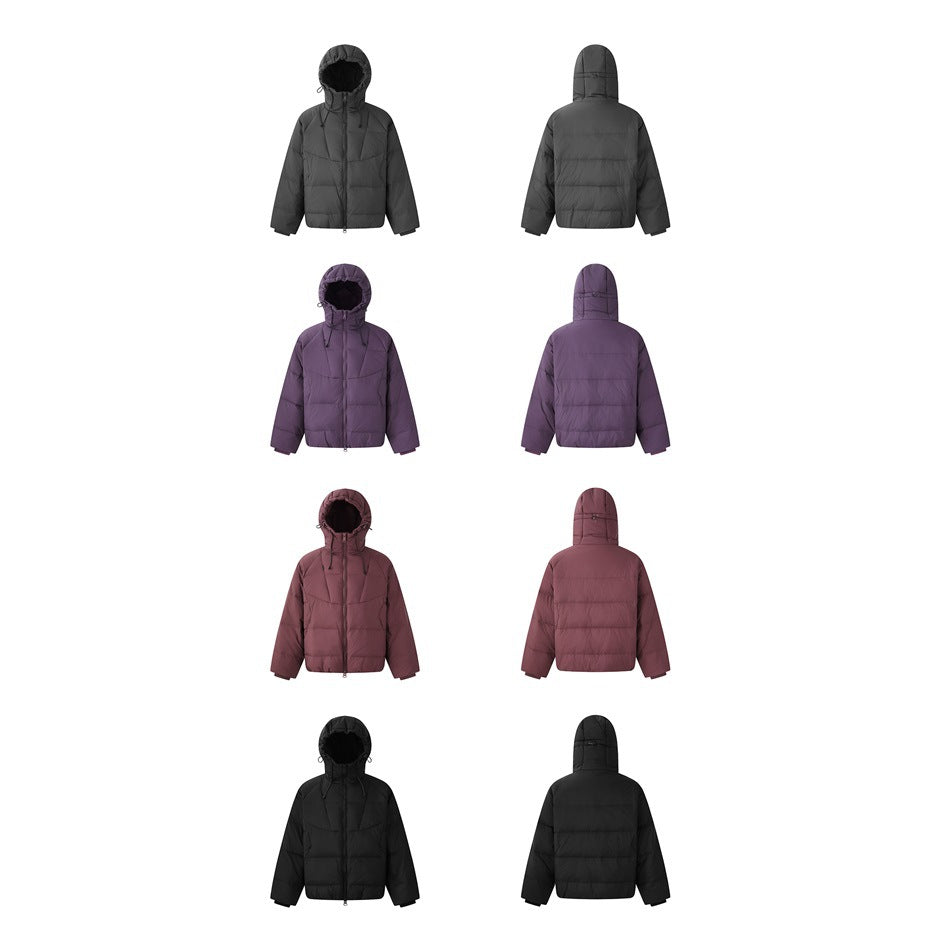 Front and back views of the puffer jacket in gray, purple, burgundy-pink and black