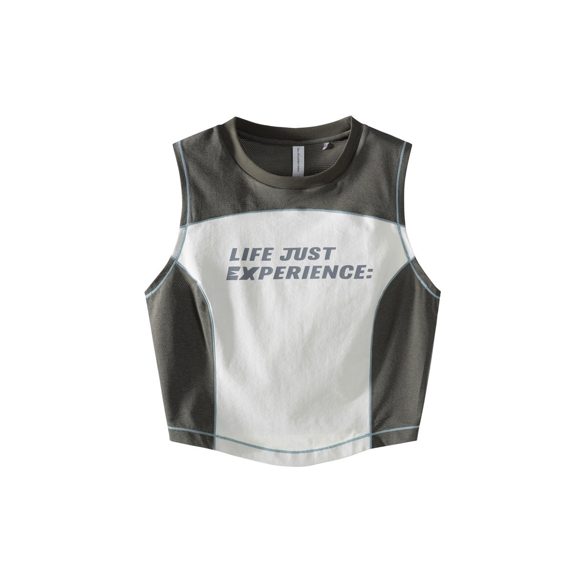 Olive-gray and white color-block cropped tank top with light blue topstitching and slogan print
