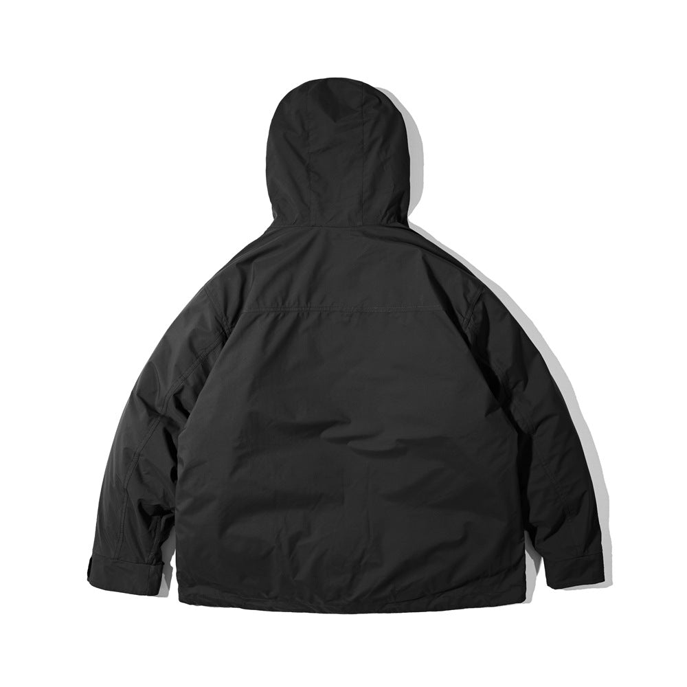 Back view of a black hooded jacket with a plain back and adjustable cuffs.