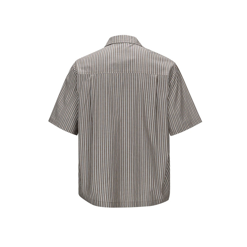 Back view of brown striped short-sleeve shirt showing a back yoke seam