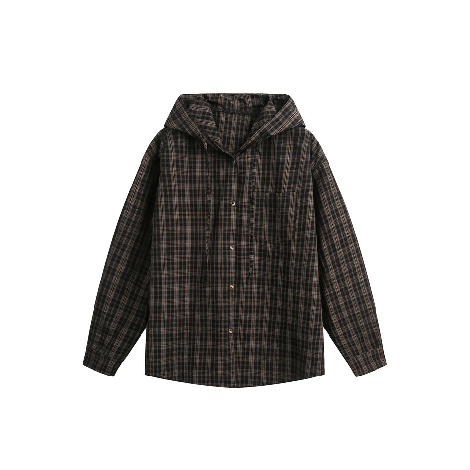 Dark gray-brown plaid hooded button-front shirt with chest pocket and drawstrings, flat lay front view