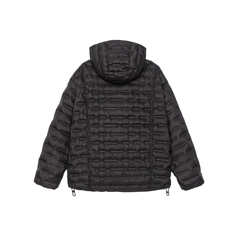 Back view of a black hooded puffer jacket with horizontal quilting and adjustable hem cords on white.