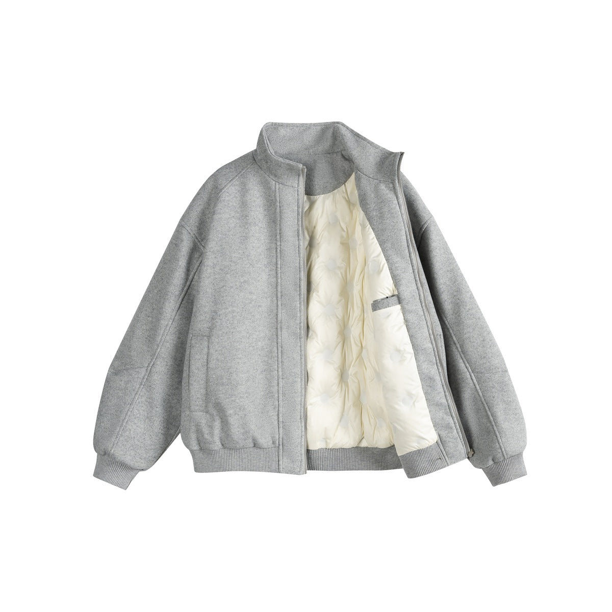 Gray zip-front jacket shown open, revealing cream quilted lining, a stand collar, and ribbed cuffs and hem.