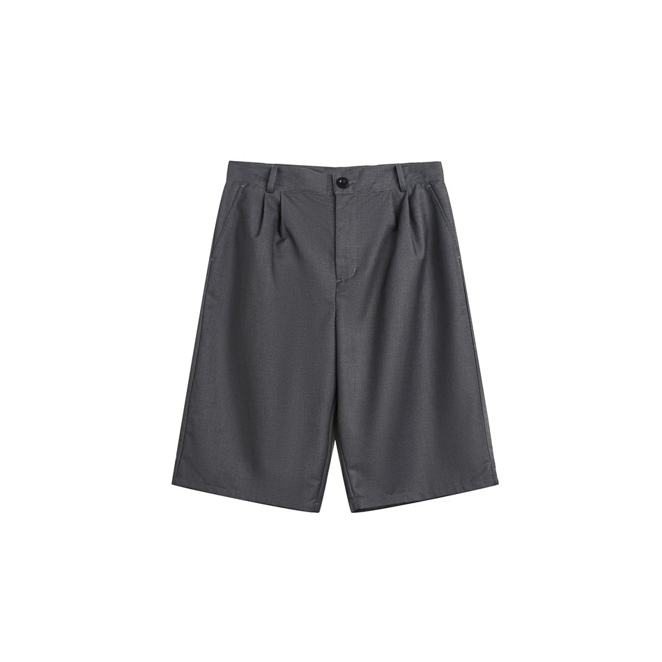 Gray pleated knee-length men's shorts, flat front view with button closure and belt loops