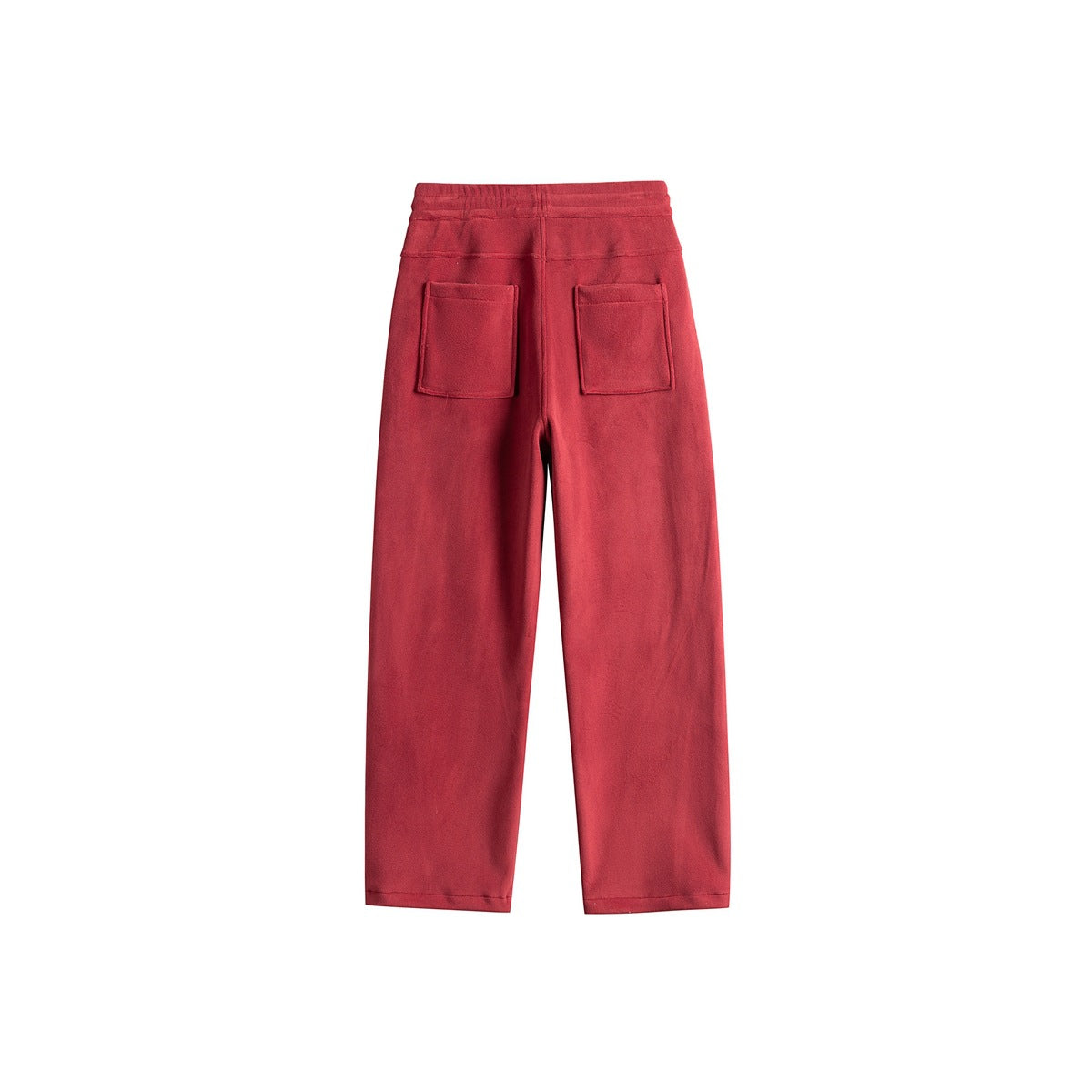 Rear view of red straight-leg pants with an elastic waistband and two square back patch pockets.