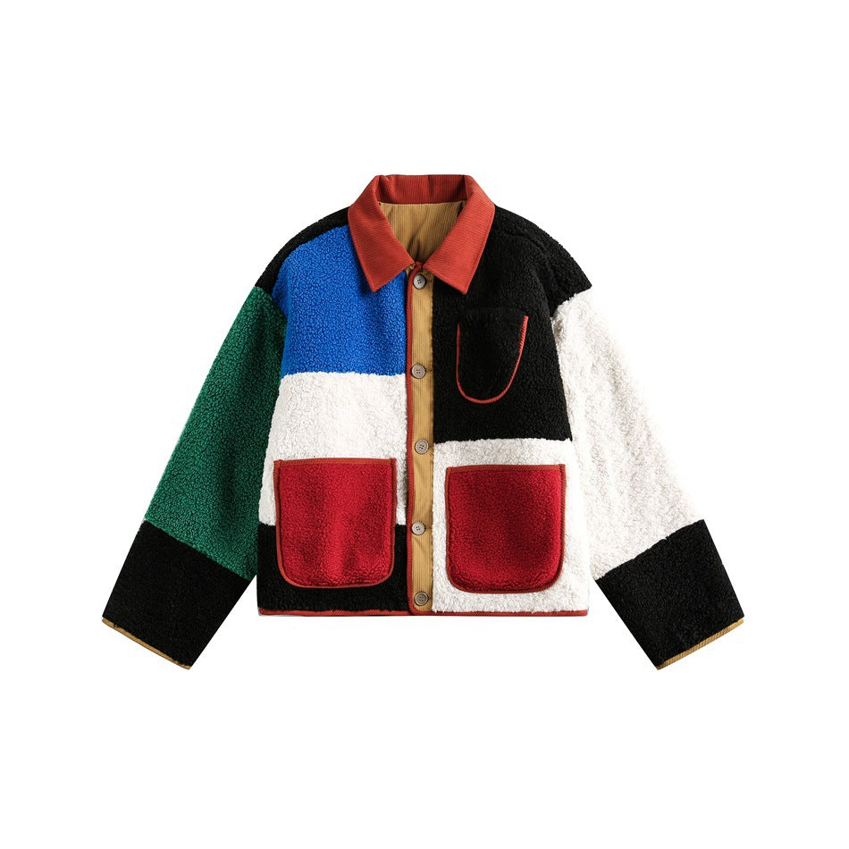 Color-block fleece-like jacket in black, white, blue, green and red with rust collar and two red patch pockets