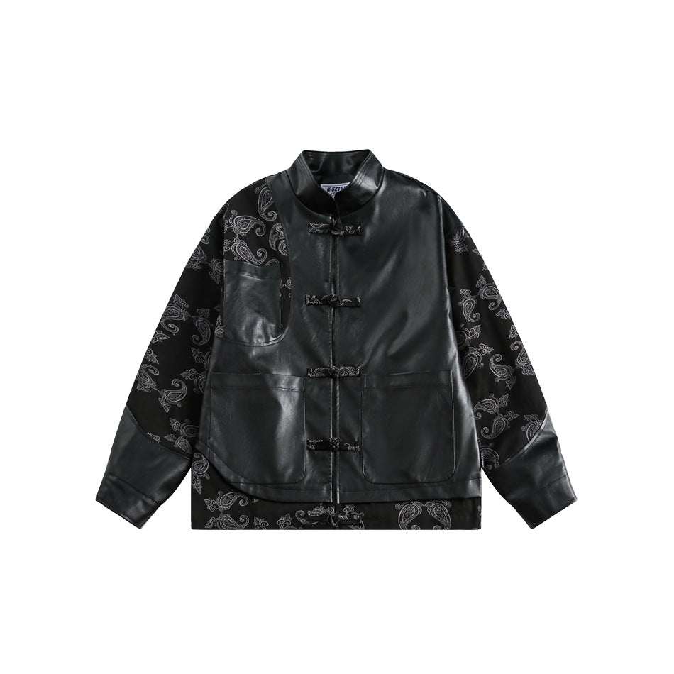 Black stand-collar jacket with frog fasteners, faux-leather panels, paisley sleeves and patch pockets, flat front view