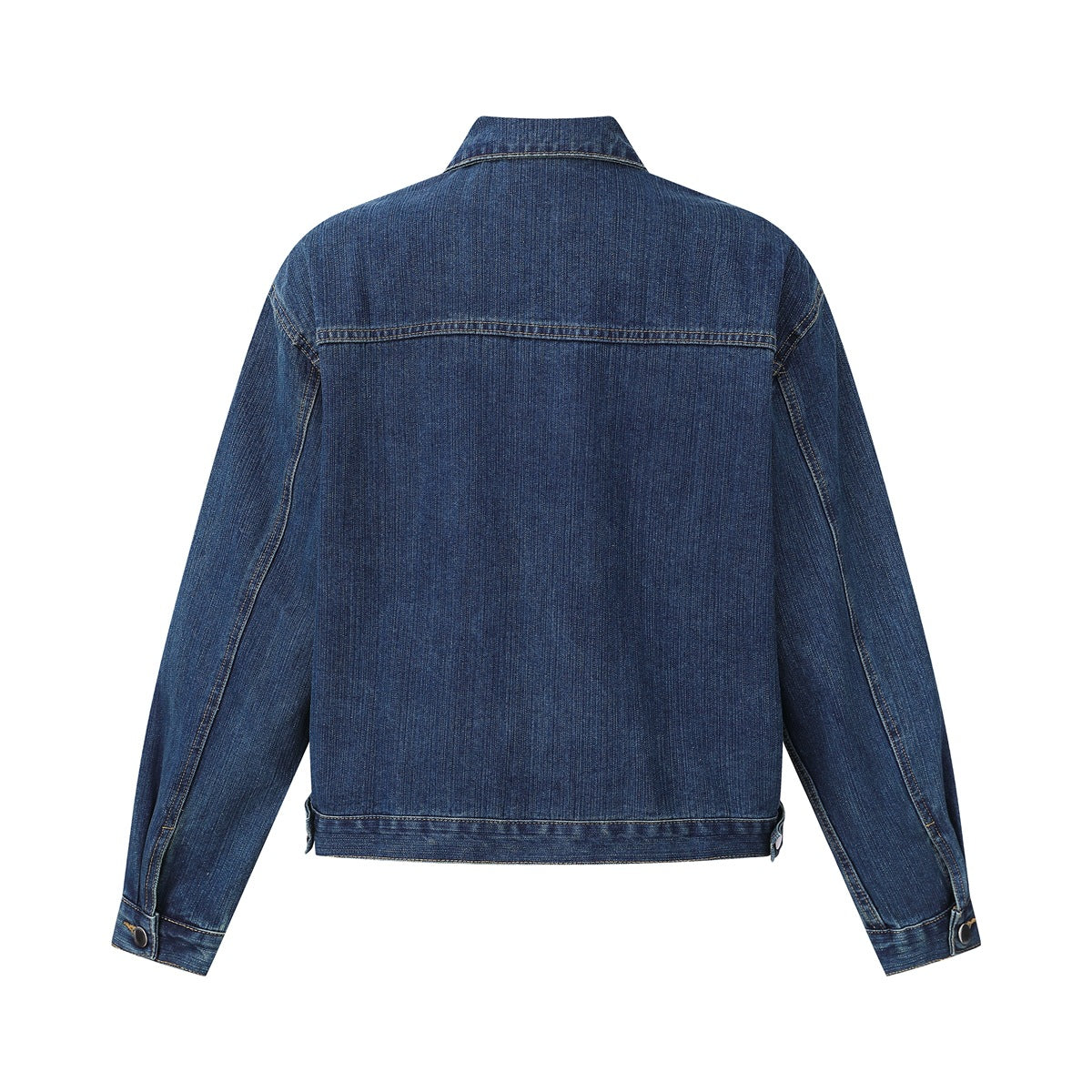 Back view of a dark blue denim jacket with long sleeves, a pointed collar, and a horizontal shoulder yoke.