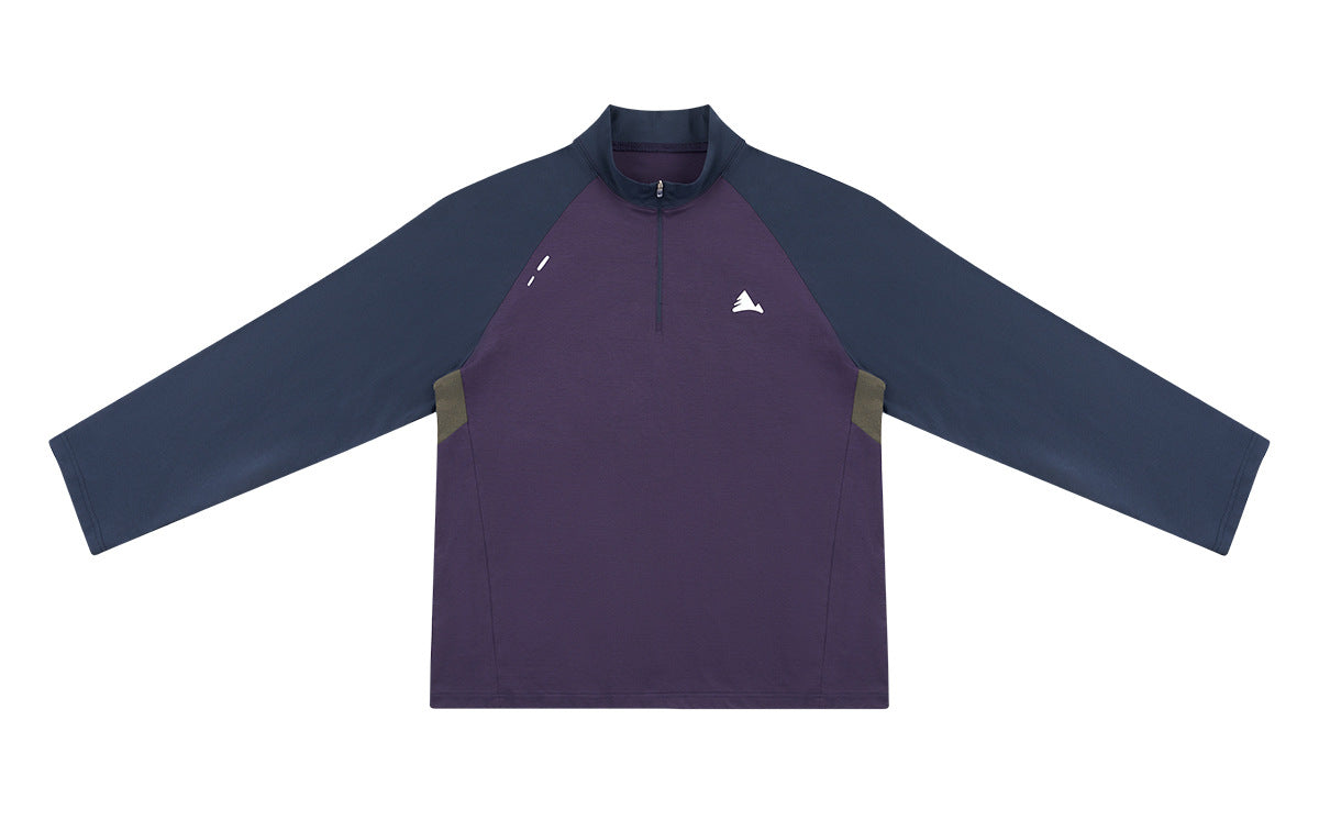 Front view of a purple quarter-zip pullover with navy raglan sleeves, olive side inserts, and a small white chest emblem.