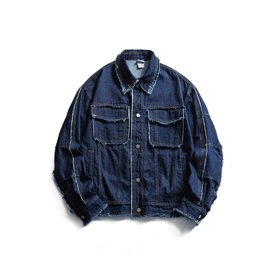 Blue denim-style jacket with frayed raw edges, two chest flap pockets and snap buttons, flat lay front view