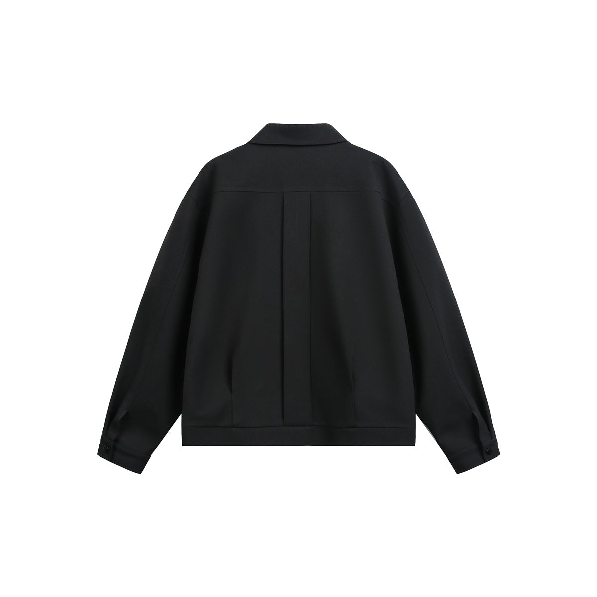 Back view of a black jacket with a pointed collar, center pleat and buttoned cuffs.
