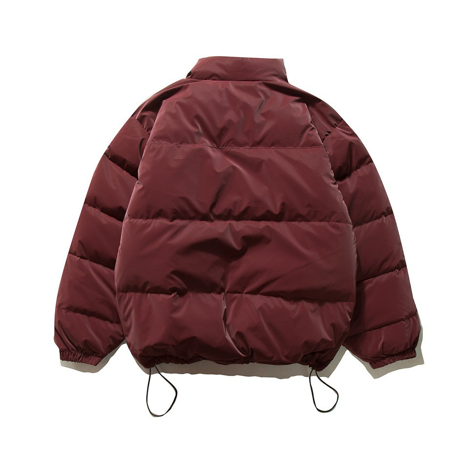 Back view of wine red quilted puffer jacket with stand collar, horizontal quilting and drawcord hem