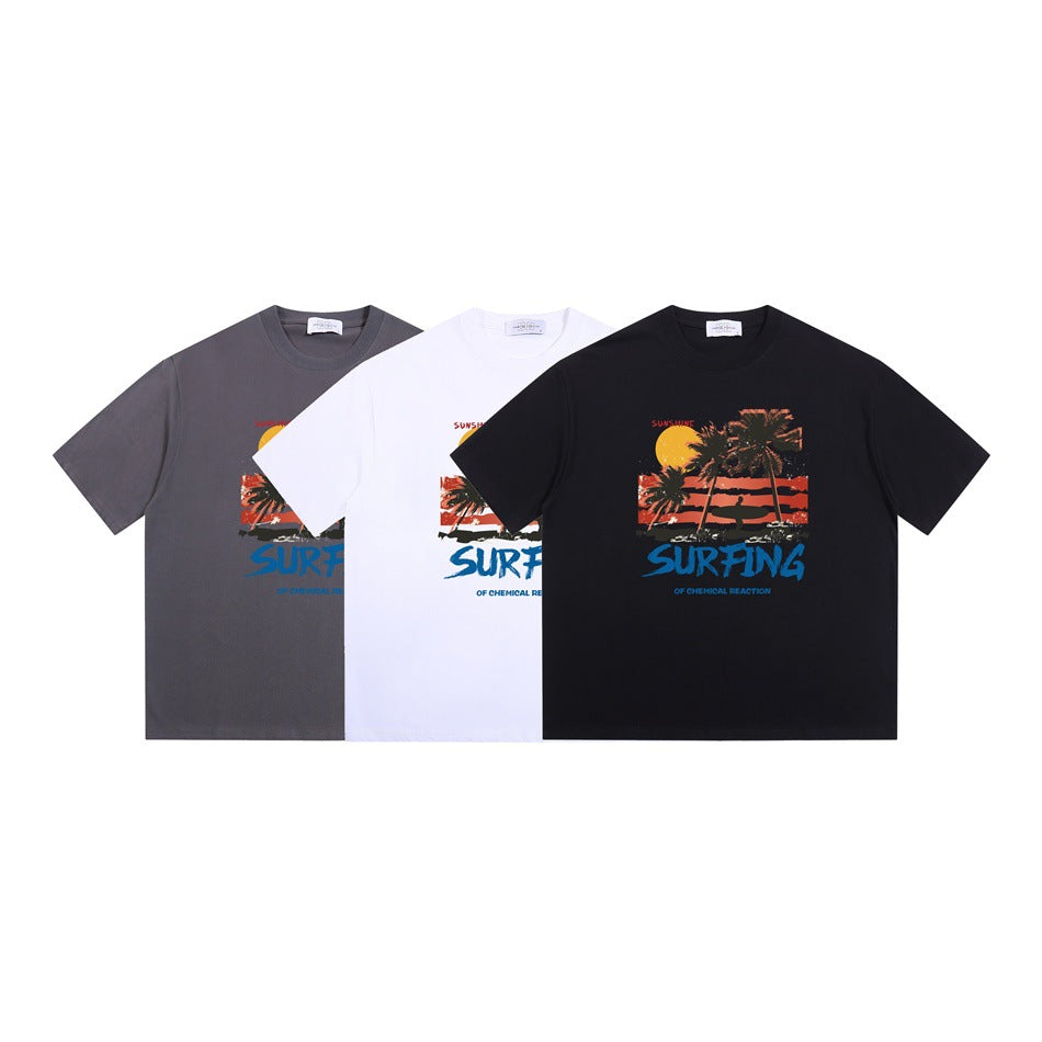 Three short-sleeve graphic T-shirts in gray, white and black, shown from the front.