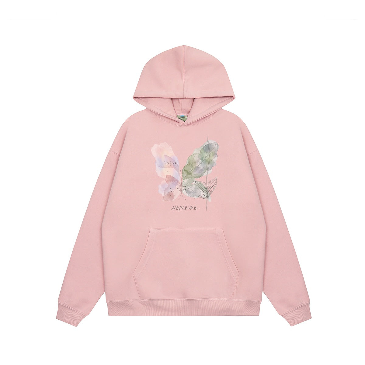 Pink pullover hoodie flat lay with watercolor butterfly and leaf print, kangaroo pocket and ribbed hem
