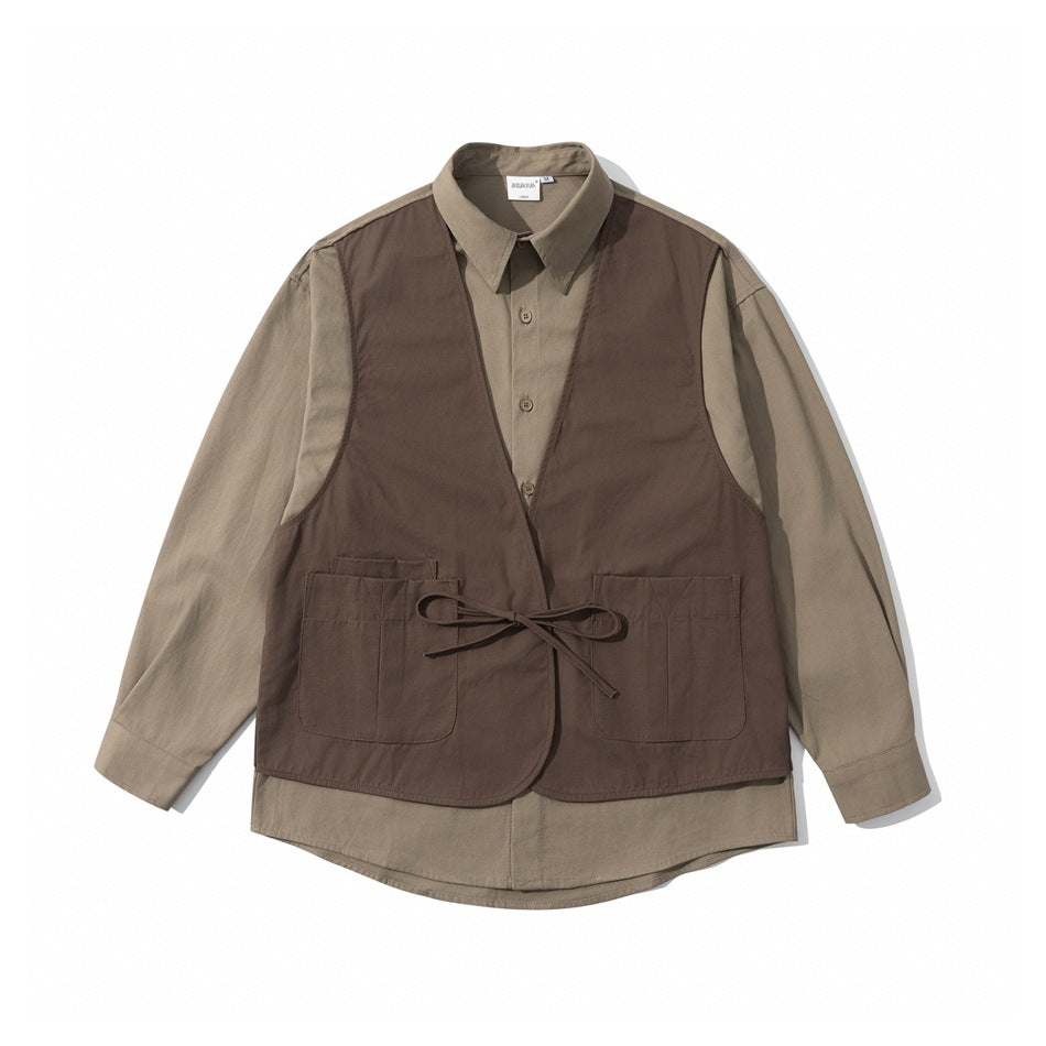 Brown colorway flat lay: brown tie-front vest panel with pockets over a taupe long-sleeve collared shirt