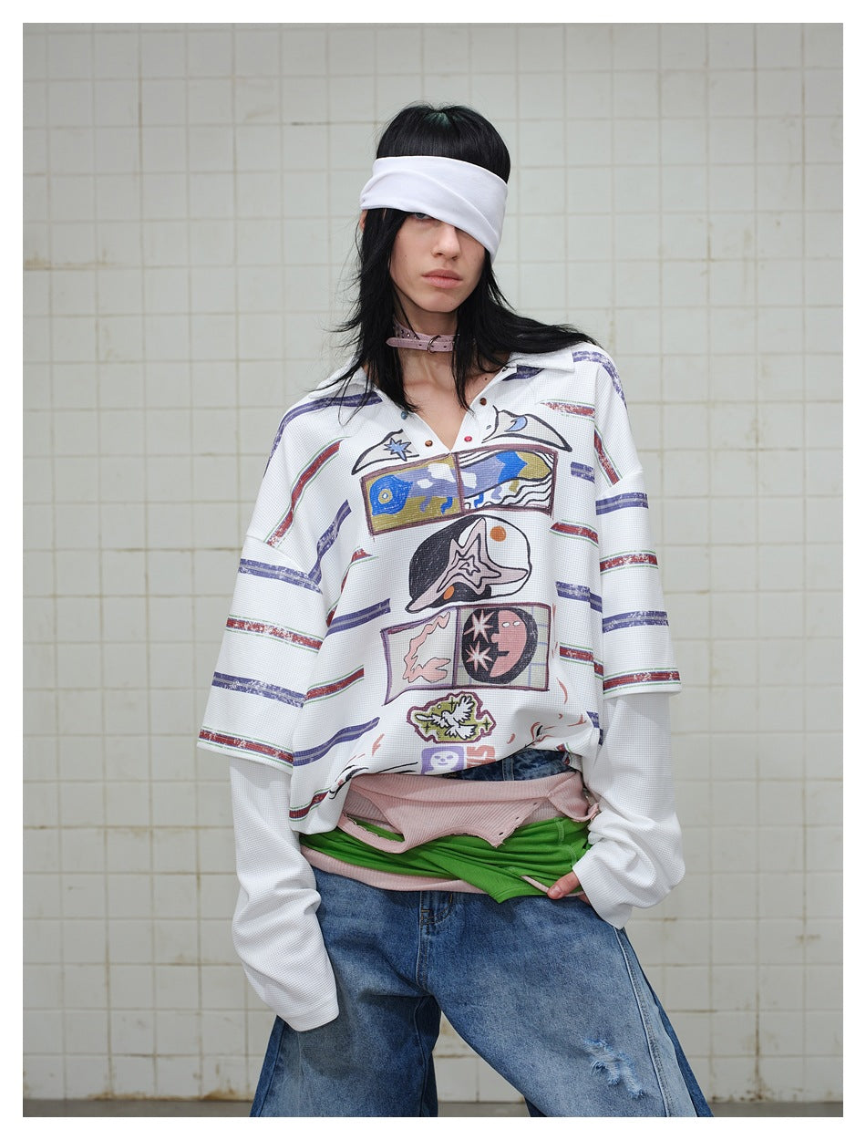 Close view of a model wearing an oversized white polo with colorful graphic panels, striped accents, and long layered