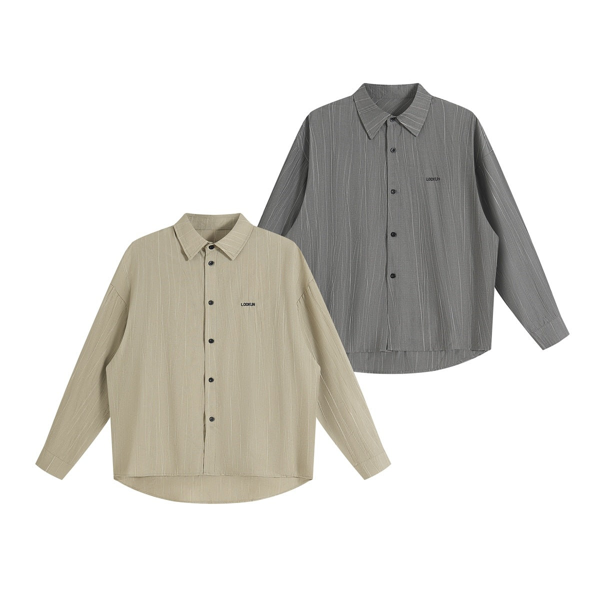 Two long-sleeved pinstriped button-up shirts shown flat: beige in front and charcoal gray behind.