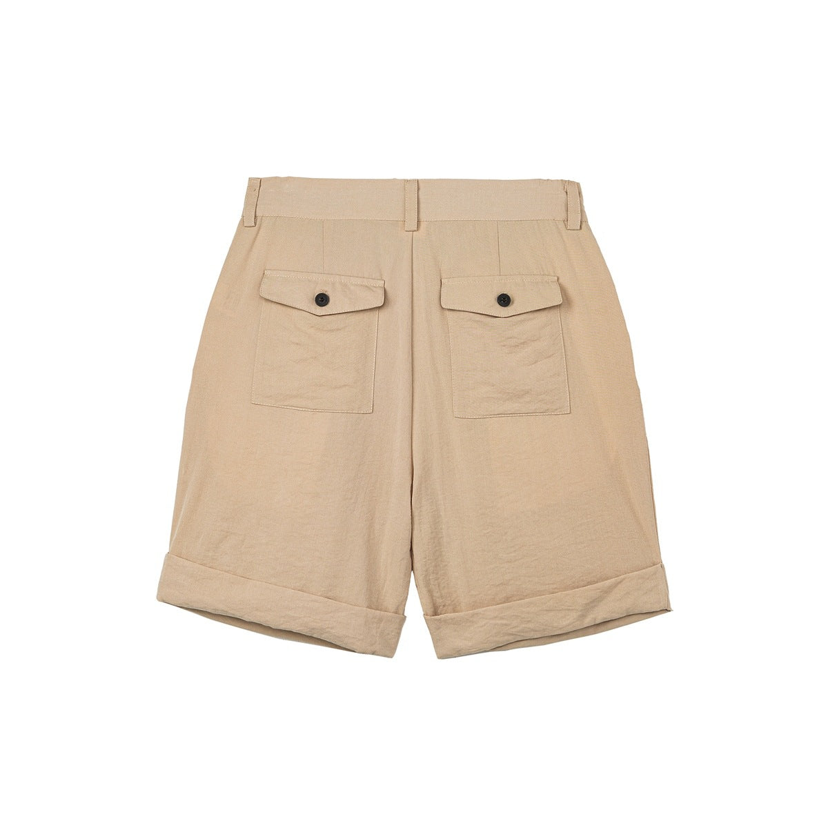 Khaki cuffed shorts, flat back view with two button-flap patch pockets and belt loops