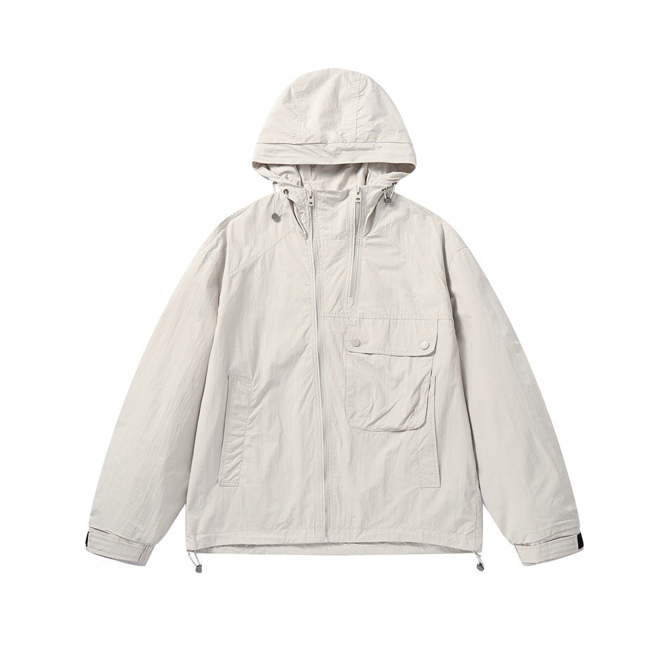 Beige hooded zip jacket with chest flap pocket and drawcord hem, flat front view
