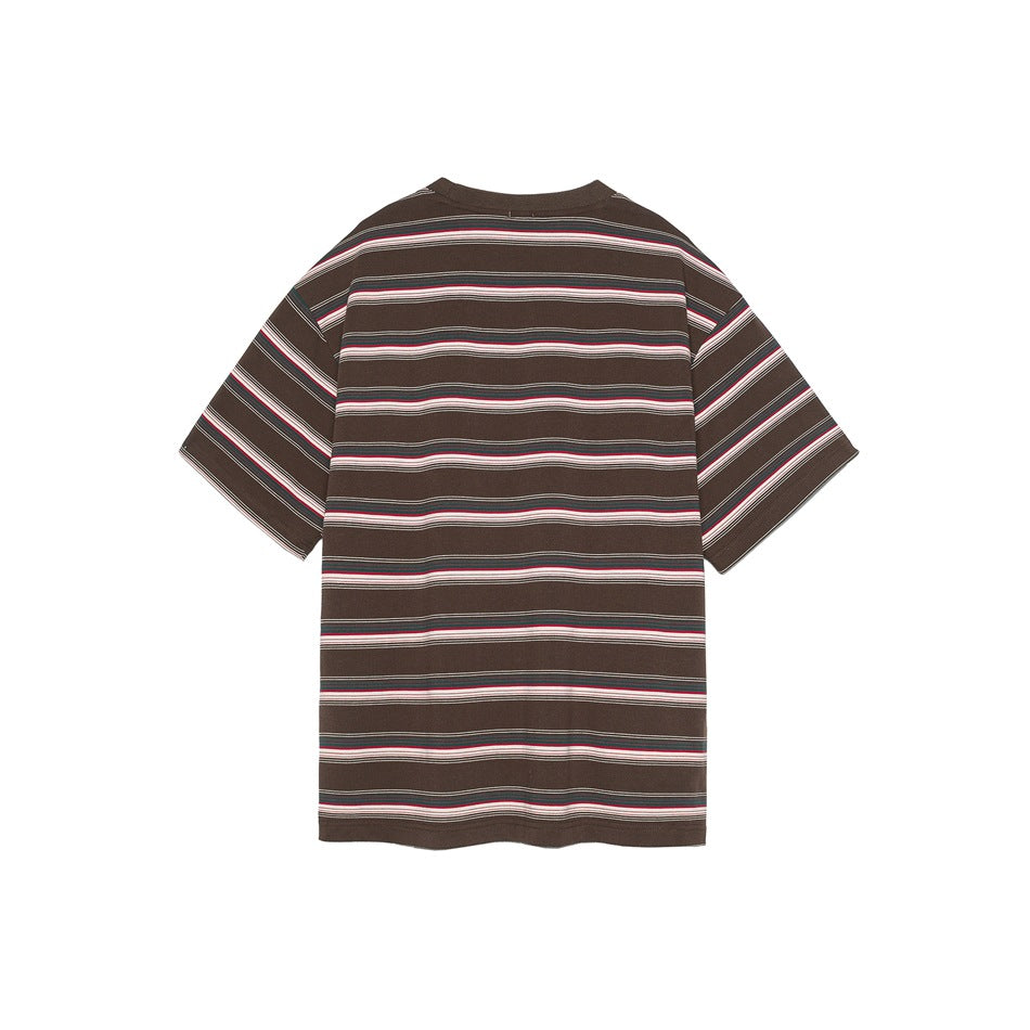 Back view of a brown T-shirt with horizontal pink, white, red and teal stripes, flat lay