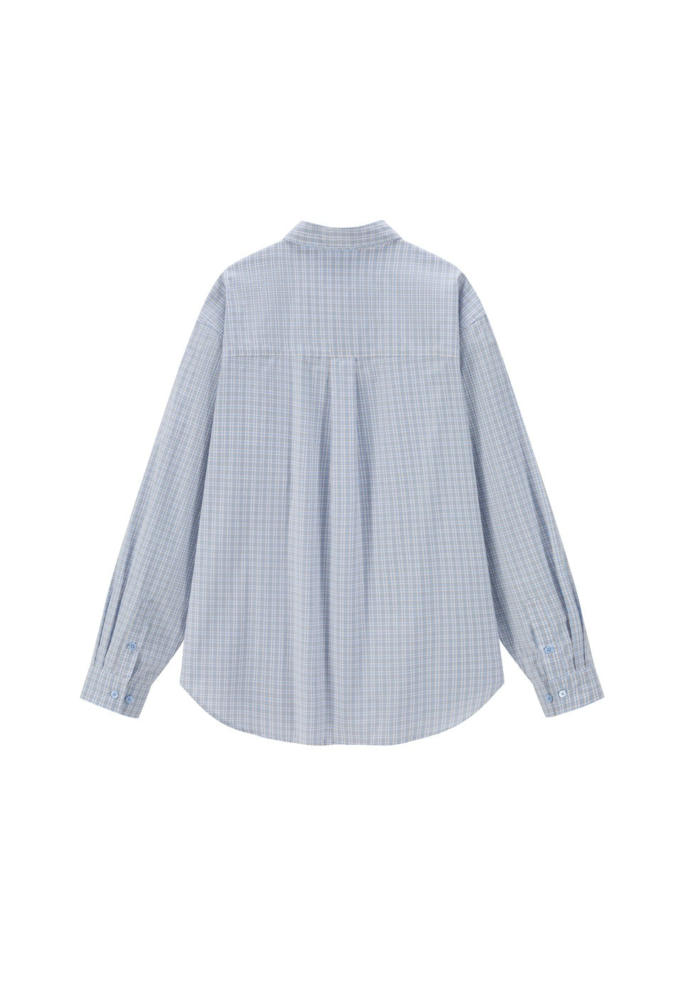 Back view of a light blue plaid long-sleeve shirt with yoke, center pleat and buttoned cuffs