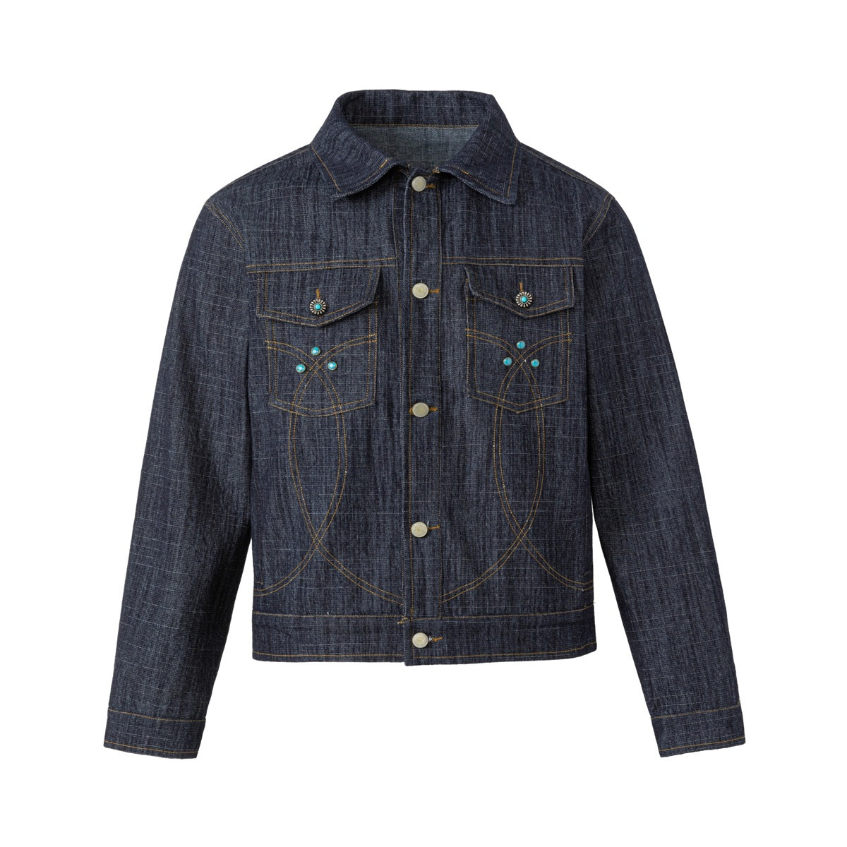 Dark indigo denim trucker jacket, front view, with chest flap pockets, metal buttons and turquoise-colored studs