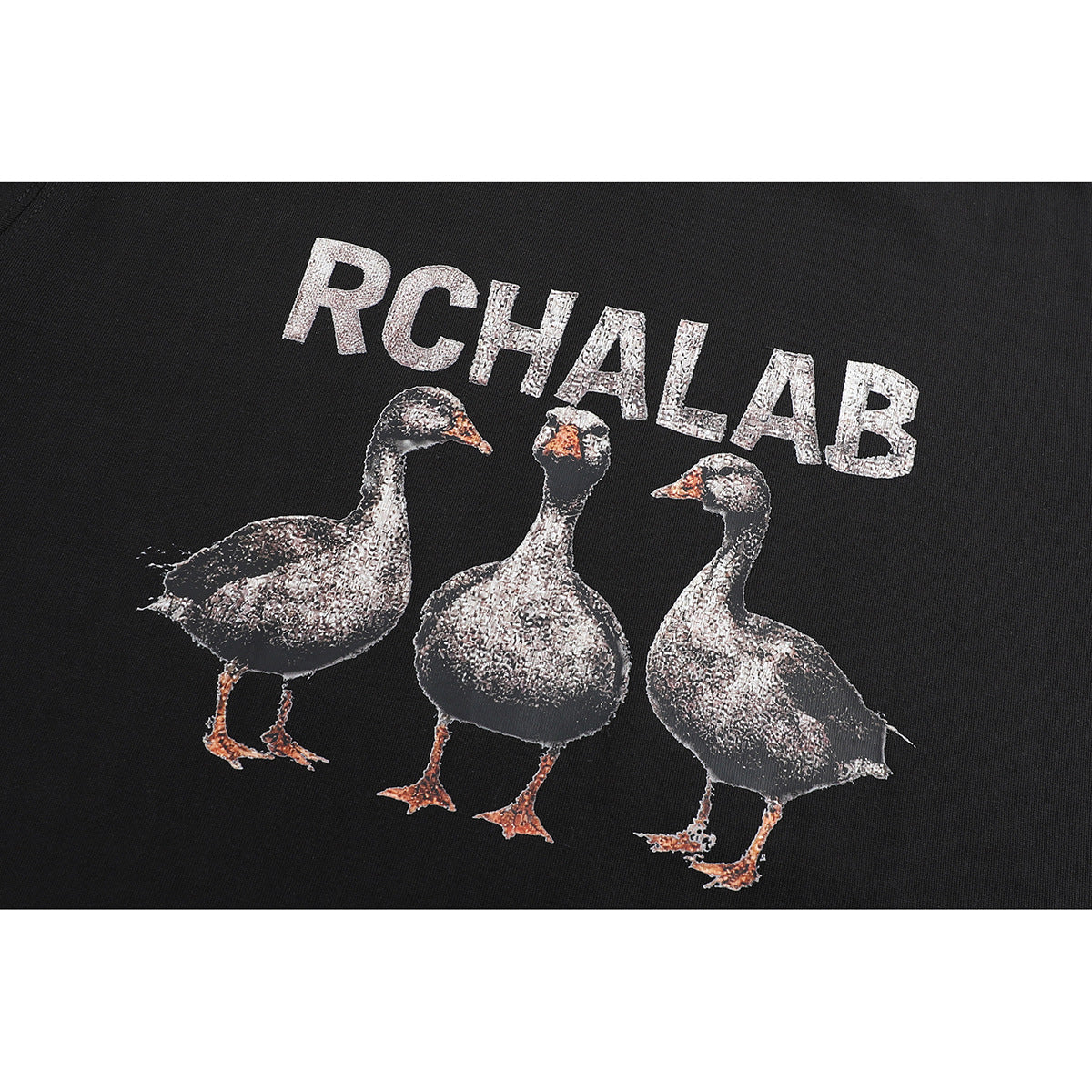 Close-up of a black T-shirt print with the text RCHALAB above three geese.