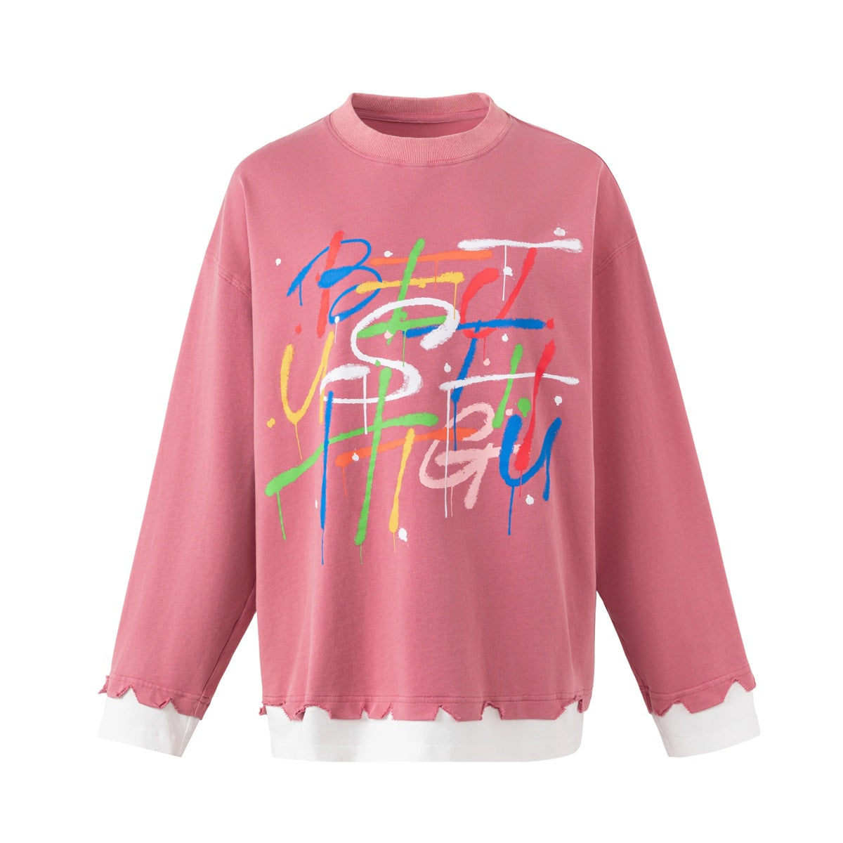 Pink long-sleeve top with colorful graffiti print, frayed hem and cuffs, and white layered trim, front view