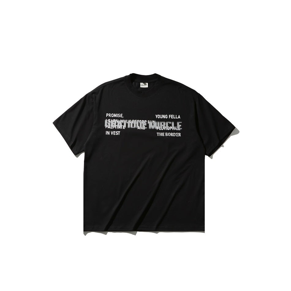Black short-sleeve t-shirt with white and gray blurred English text graphic on the chest, flat front view