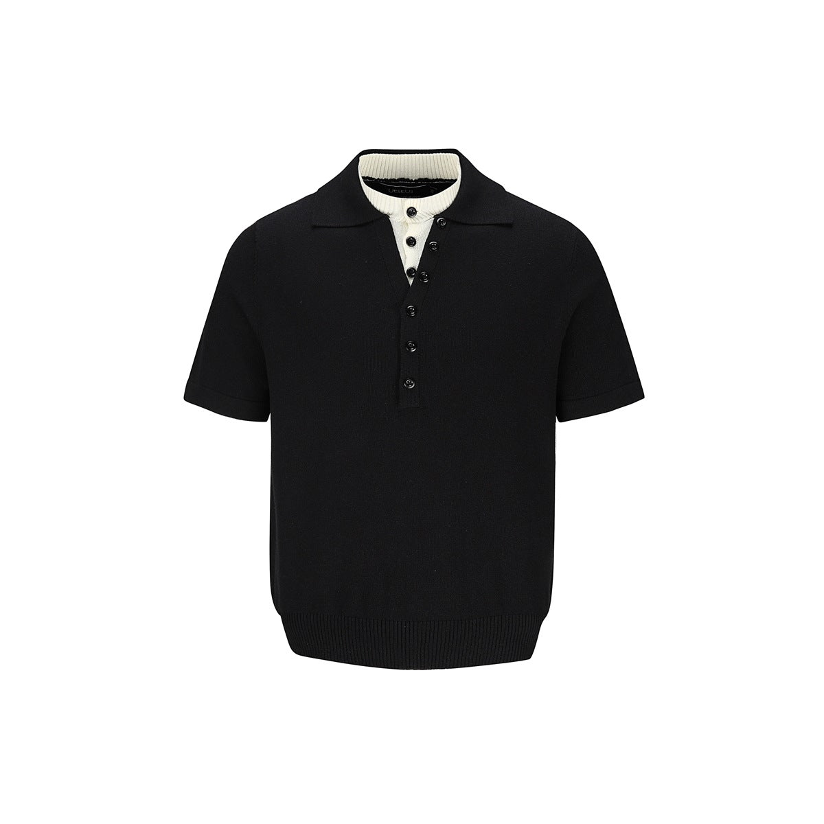Black short-sleeve knit polo with cream ribbed inner neckline layer and button placket, front view