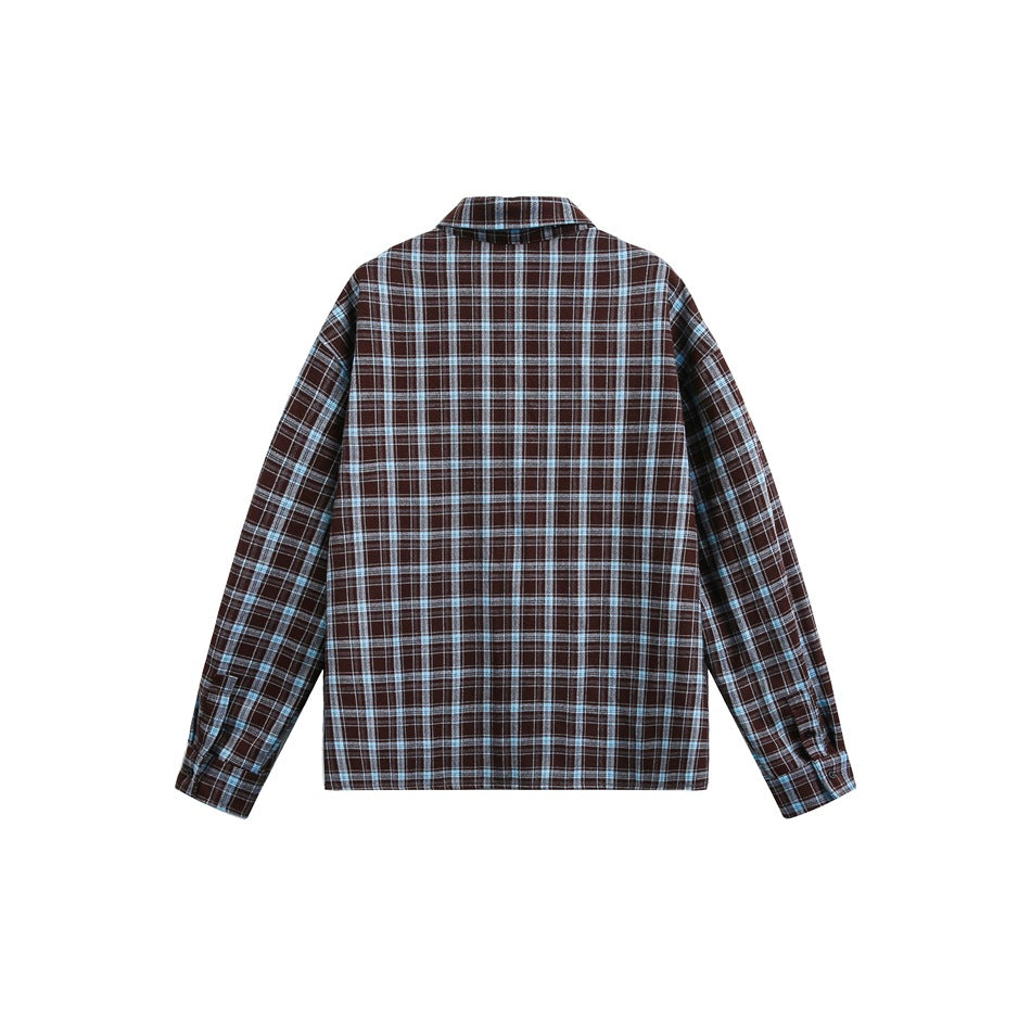 Back view of a long-sleeve brown plaid button-up shirt with pale blue lines, laid flat on white.