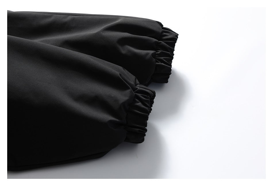 Close-up of black gathered elastic cuffs on a jacket.