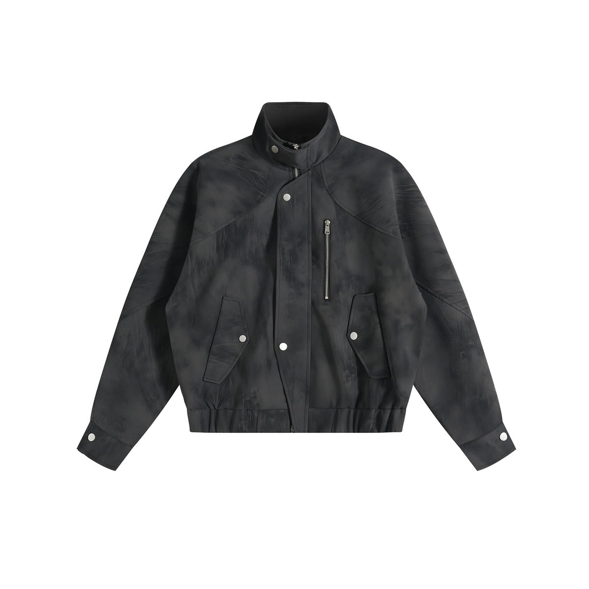 Black stand-collar zip jacket with faded mottled finish, snap-flap pockets and elastic hem, flat front view